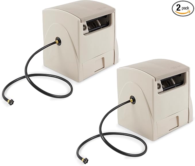 Suncast 2 Pack Automatic Rewind Garden Hose Reel, 100 ft. 5/8 in. Vinyl Hose Holder, Light Taupe