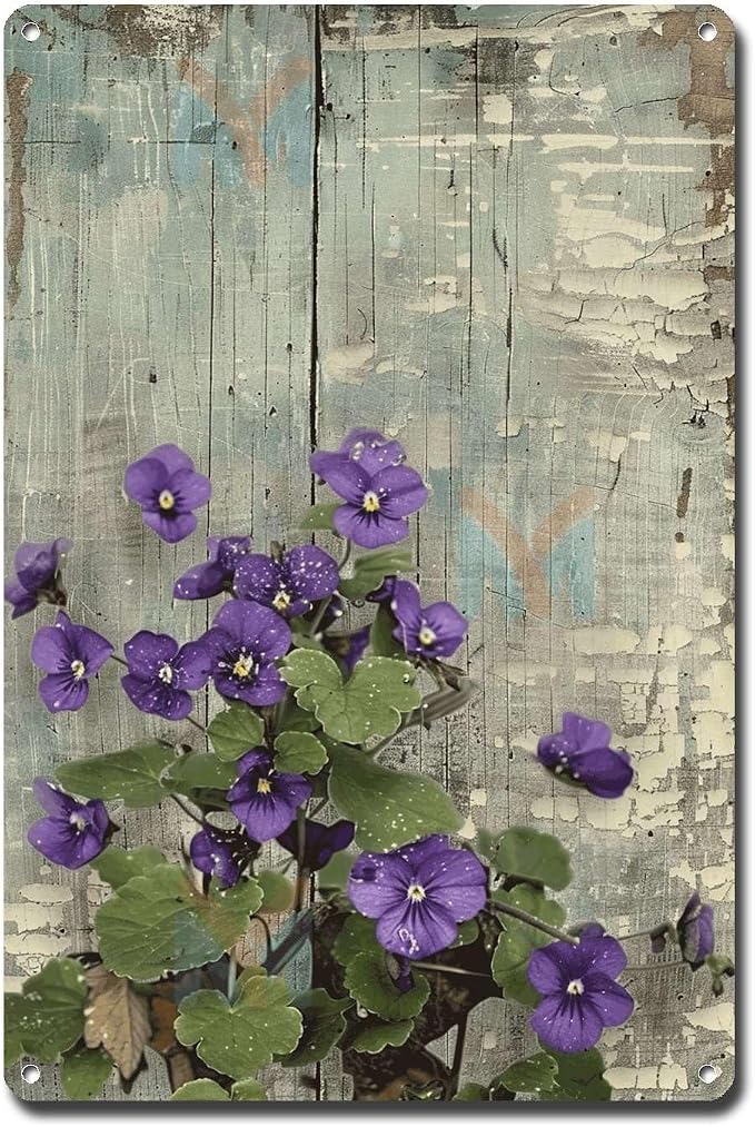 Metal Sign Tin Sign Vintage Wall Art Shabby Chic Violets Tin Sign for Antique Artistry Delicate Vintage Paintings and Distressed Wood Tin Sign Gift for Room 12×16 Inches