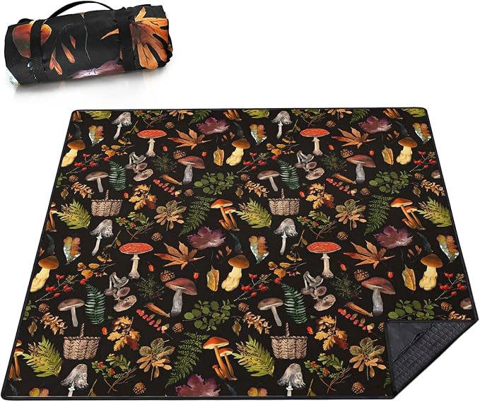 Picnic Blankets Extra Large Waterproof, 80"x 80"Fall Mushroom Beach Mat with Corner Pockets Windproof Sandproof Foldable Portable 3-Layer Mat Darker for Wet Grass,Parks,Music Festival,Camping,Concerts