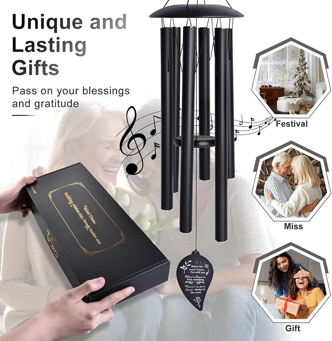 Sympathy Wind Chimes for Outside Deep Tone, Memorial Loss of a Loved, Large Wind Chimes with 6 Thicken Tubes & Hook, Outdoor Gifts Mother, Garden Decor (40IN Black)