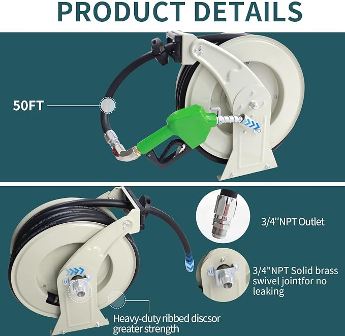 3/4"x50' Fuel Hose Reel Retractable & Fuel Nozzle & Fuel Hose Swivel,Spring Driven Diesel Hose Reel,Inlet 1" NPT Thread Swivel Oulet 3/4" NPT Thread Swivel,Heavy Duty Steel Construction Reel