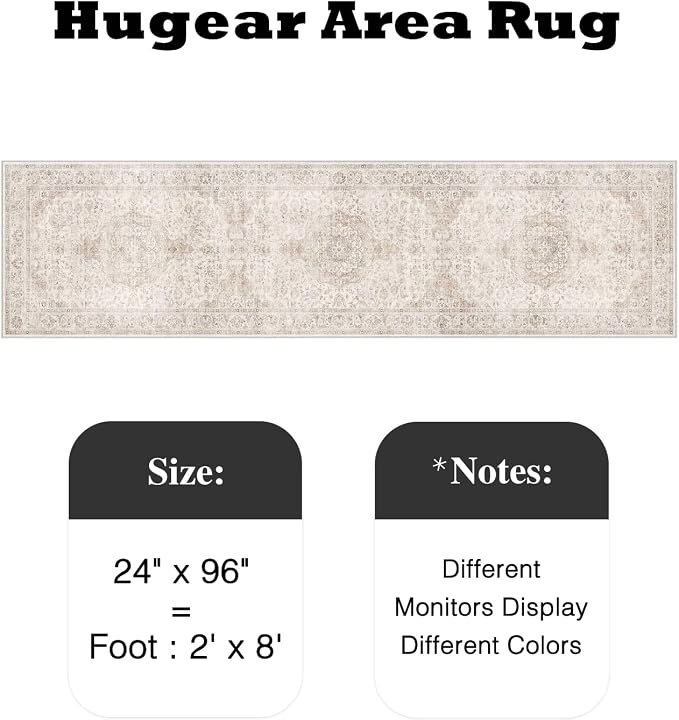 2x8 Runner Rug Hallway Vintage Beige Machine Washable Neutral Floral Low Pile Carpet Vacuumable Thin Long Throw Rug Bedroom Office Bathroom Kitchen Laundry Non Slip Soft Lightweight
