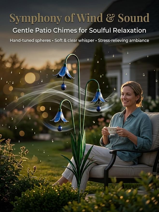 2026 New Triple Bluebell Garden Stake with Bells, Handmade 26inch Metal Rain Chimes Flower Plant Sculpture Yard Decorations Outdoor Rustic Wind Chime Ornament Gift for Walkways Patios Lawn