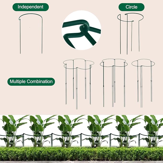 Tall Heavy-Duty 30in Plant Support Stakes - 8 Pack Adjustable Peony Cages & Supports for Outdoor Plants, Half-Round Garden Stakes for Hydrangea, Roses with Extension Stakes