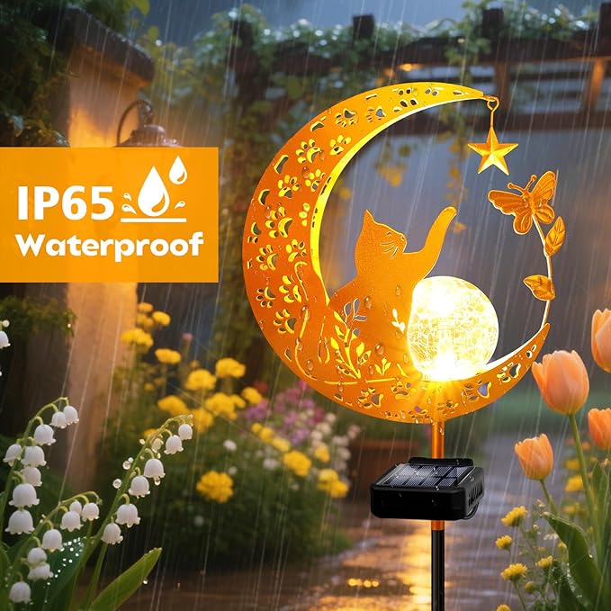 Solar Garden Lights Waterproof, Gift for Women Mom Grandma Wife Daughter, Cat Pathway Stake Lights, Glass Globe with Moon Cat Decor, Outdoor Decor Lights for Walkway Yard Lawn Patio Courtyard Garden