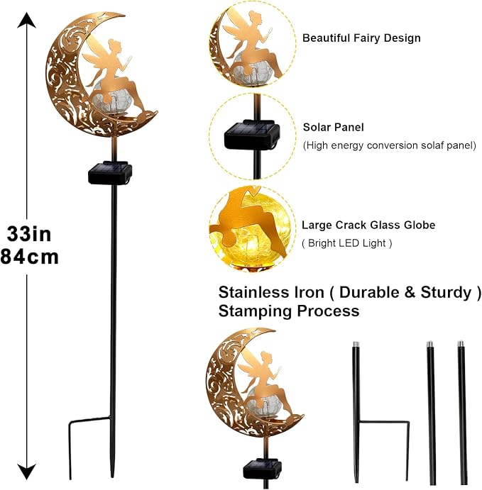 2 Pack Solar Garden Lights Waterproof, Pathway Stake Lights, Gift for Women Mom Grandma Wife Daughter, Moon Fairy Glass Globe with Angel Decor, Outdoor Decor Lights for Walkway Yard Lawn Patio Garden