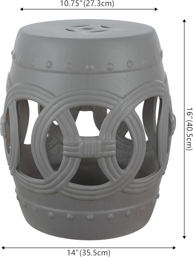 JONATHAN Y Lucky Coins 16" Ceramic Garden Stool, Contemporary Matte Gray Cutout Interlocking Rings Drum Indoor/Outdoor Side Table and Plant Stand for Patio, Garden, Living Room TBL1022F