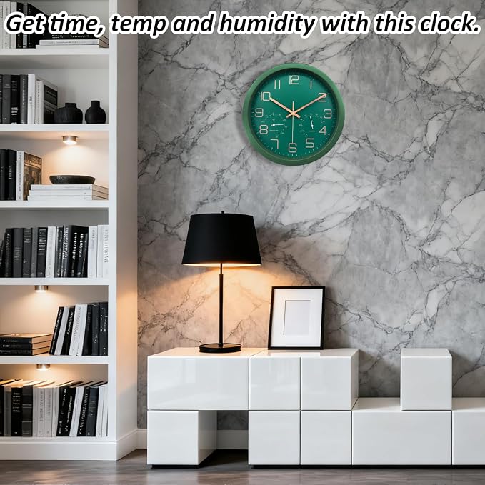 12 Inch Silent Non-Ticking Wall Clock with Temperature and Humidity, Battery Operated Modern Analog Clock with Large Numbers for Bedroom Living Room Office Kitchen Farmhouse Outdoor, Green