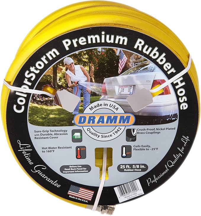 Dramm ColorStorm Premium Rubber Garden Hose – 25 ft Heavy Duty 5/8" Water Hose – Kink Resistant, Crush-Proof Nickel-Plated Couplings – Made in USA - Yellow