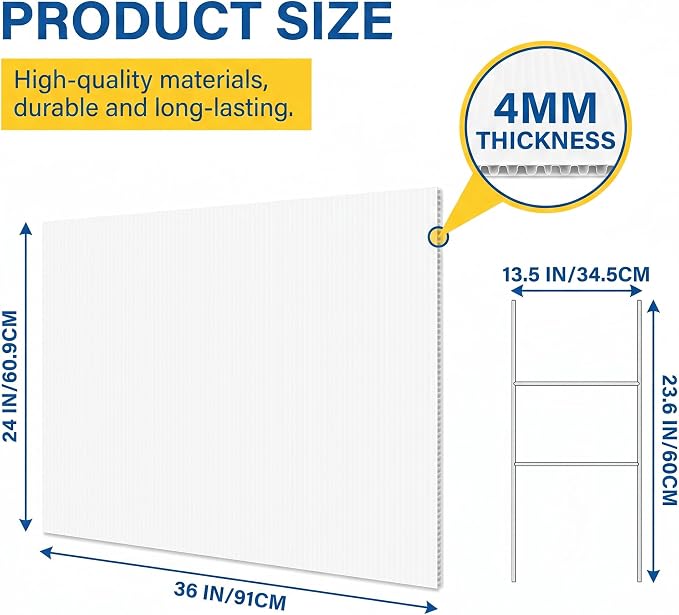 10 Pack Large Blank Yard Signs with Stakes 24x36 Inch, 4mm Thick Corrugated Plastic Lawn Sign Kit, White Poster Board with 10 Metal H-Stakes for Real Estate, Garage Sale, Birthday, Campaign