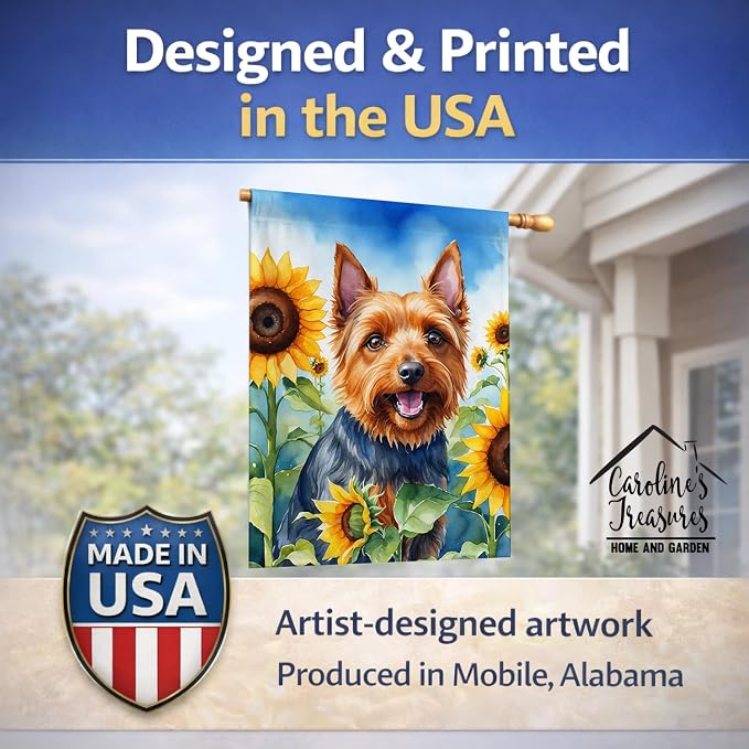 Caroline's Treasures DAC6015CHF Australian Terrier in Sunflowers House Flag Large Porch Sleeve Pole Decorative Outside Yard Banner Artwork Wall Hanging, Polyester, House Size, Multicolor