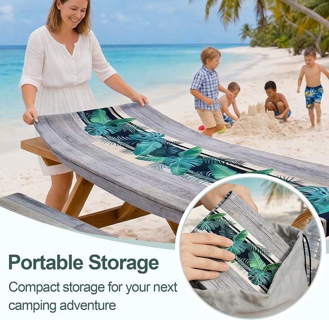 Play Tailor Picnic Table Cover with Bench Covers Camping Essentials Waterproof Windproof Camping Tablecloth with Drawstring Bag, Fitted Rectangle Tables and Seats, 72in, Palm Leaf
