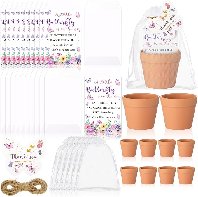 Ctosree 50 Sets Butterfly Baby Shower Party Favors for Guests A Little Butterfly Is on The Way Seed Packets Include Self-adhesive Seed Packets Flowerpot Thank You Tags Organza Bags for Baby Shower
