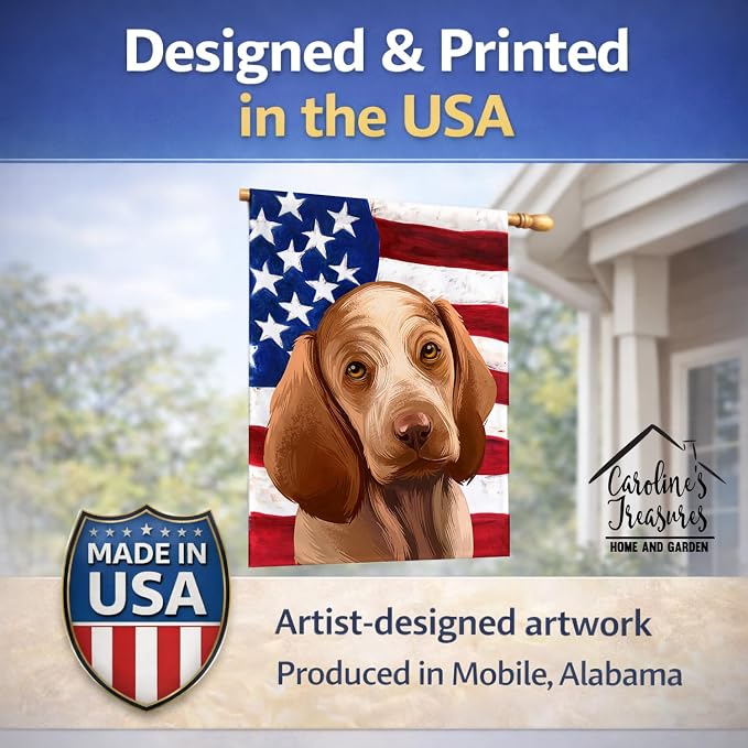 Caroline's Treasures CK6456CHF Bracco Italiano Dog American Flag House Flag Large Porch Sleeve Pole Decorative Outside Yard Banner Artwork Wall Hanging, Polyester, House Size, Multicolor