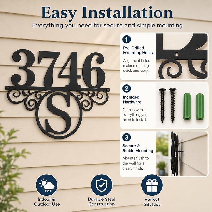 Custom Metal Address Sign for Home Personalized House Number Plaque Decorative Laser Cut Monogram Front Porch Wall Art Elegant Entryway Decor for Family Homes