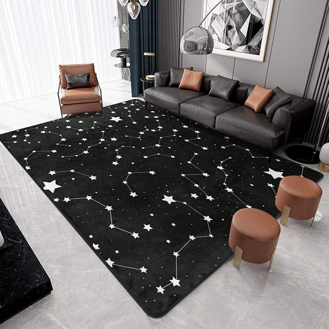 9CH Black White Star Rugs 5'x7' Space Galaxy Rug for Living Room | Celestial Starry Constellation Carpet Soft Durable, Non-Slip, Washable, Stain Resistant for Bedroom, Dining Room