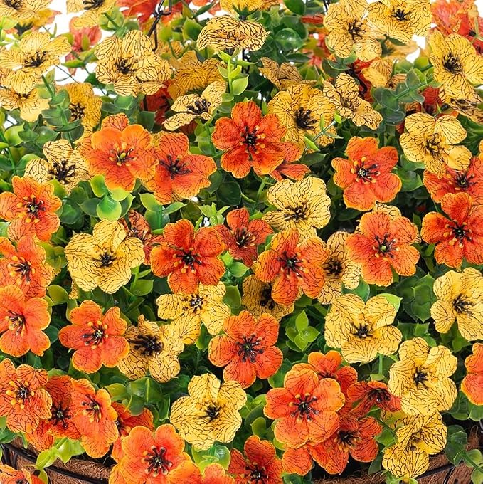 HyeFlora Artificial Fake Hanging Mums Plants Flowers Basket for Fall Autumn Outdoor Decor, Faux Silk Orange Dasiy Flower Look Real UV Resistant for Outside Porch Home Patio Garden Decoration