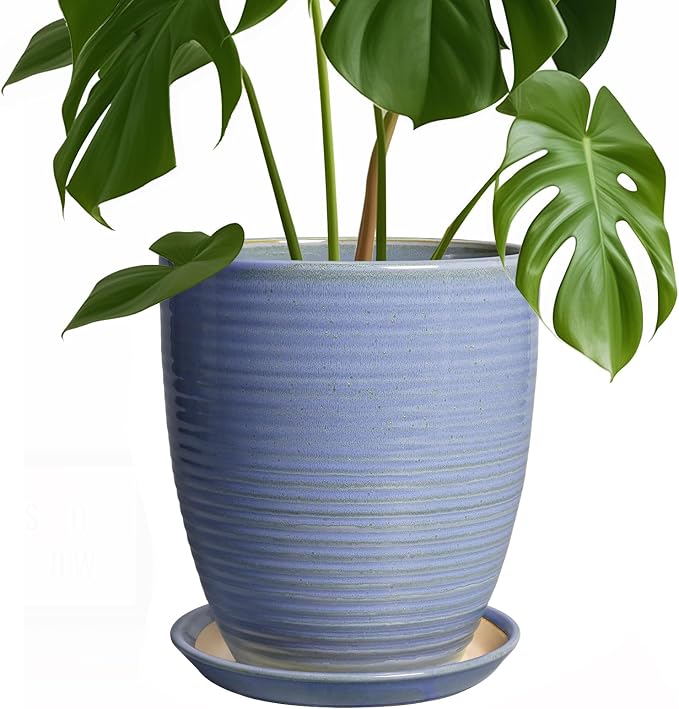 EEPFamily 8 Inch Plant Pot- Ceramic Planter for Indoor Outdoor with Drainage Hole and Plant Tray, Modern Round Porch Home Office Garden Living Room Decor, House Warming Gifts, Blue-Purple