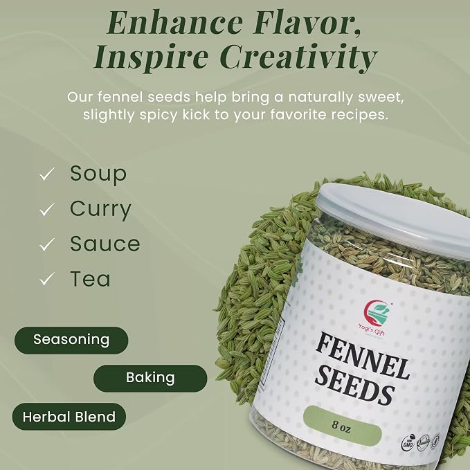 Fennel Seeds 8oz, 100% Pure & Natural Whole Fennel, Premium Quality Spice for Cooking & Tea, Fresh & Aromatic - By Yogi’s Gift®