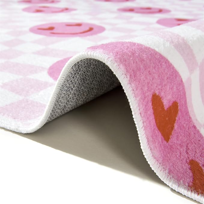 Washable Cute Pink Checkered Rugs for Girls Bedroom Aesthetic Decor, Ultra Thin Funky Groovy Aesthetic Retro Trippy 4x6 Area Rug for Living Room Nursery, Preppy Modern Y2K Dorm Accent Carpet