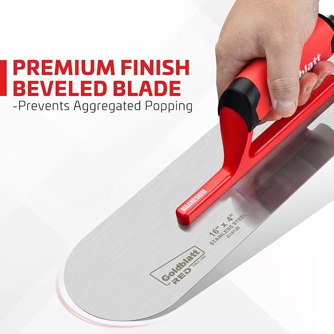 Goldblatt RED Stainless Steel Pool Trowel, 16"x 4" Professional Drywall Masonry Trowel with Soft Grip Handle, Lightweight Magnesium Shank, Round End, Plastering Trowel for Drywall Wallboard