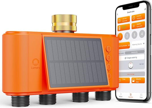 Lumary Solar WiFi Sprinkler Timer 4 Zone w/Water Flow Meter, Smart Water Timer for Garden Hose w/Adjustable 90° Panel, APP Automatic Irrigation Controller System for Lawns Yard, No Need Hub