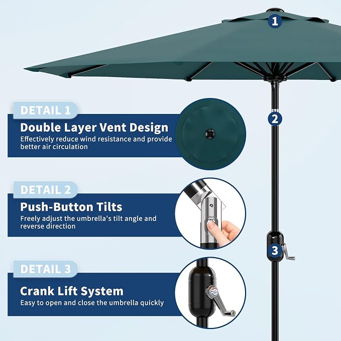 Garvee 9FT Patio Umbrella - Outdoor Table Umbrella with Smooth Crank Lift, Push Button Tilt and 8 Sturdy Ribs - Market Umbrella UV Protection Waterproof for Pool, Deck, Yard, Garden