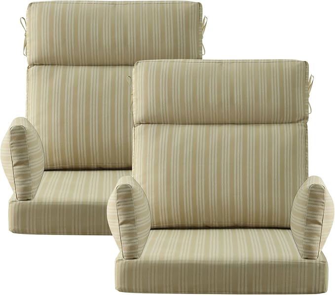 Outdoor High Back Chair Cushion, 2 Pack 48 x 24 inches Patio Chair Cushions Water Repellent Rocking Cushions Indoor Furniture Seat Pad with 2 Pillows, Beige Brown Stripe