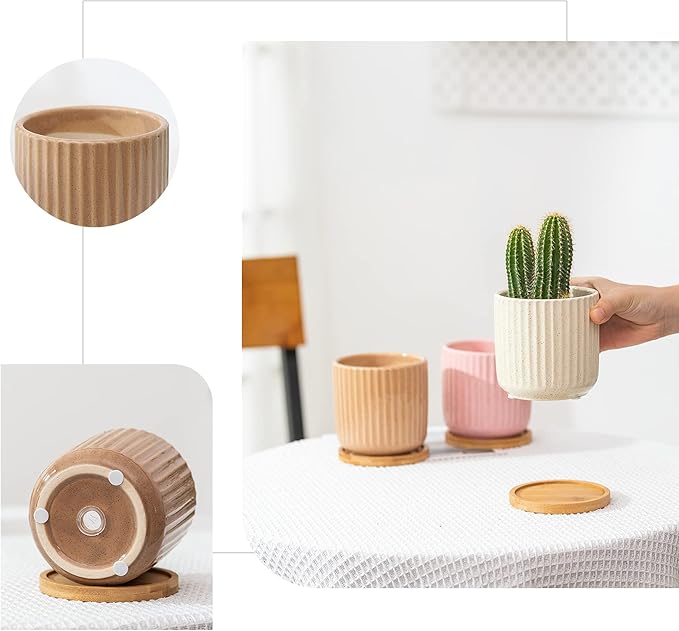 4 Inch Ceramic Plant Pots with Saucer and Drainage Hole | Stripe Multicolor, Small Planters Pot, for Succulent Snake Plants Cactus Herbs, Set of 4