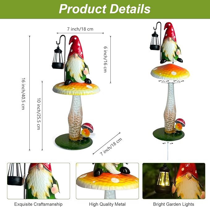 HONGLAND Solar Garden Gnomes Outdoor Statue, Waterproof Outdoor Mushroom Decor with Solar Lantern LED Lights for Yard, Patio, Lawn Ornaments, Ideal Gifts for Mom Grandm, Housewarming Gifts-16.5"