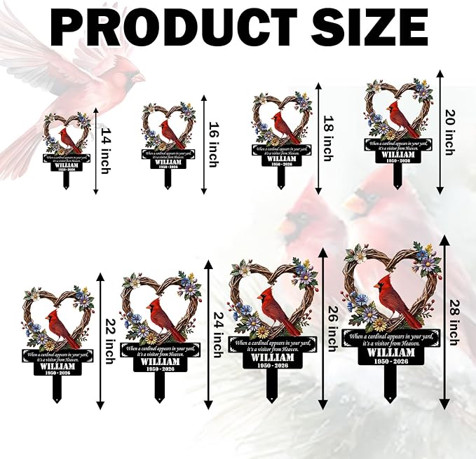 Personalized Cardinal Garden Sign with Stakes, Red Bird Metal Decor, Flower Yard Metal plaque, Gifts for Mom/Grandmother, Patio House Warming Gifts Outside