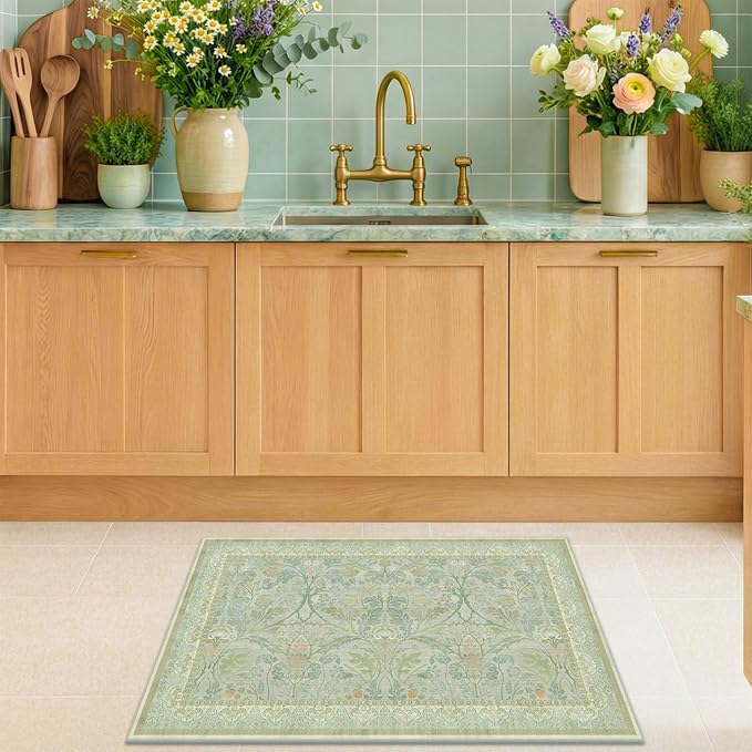 Boho Sage Green Bathroom Rugs, 2x3 Soft Washable Non Slip Small Area Rug for Entryway, Kitchen, Bedroom, Powder Room, Low Pile Floral Decorative Door Mats Vintage Farmhouse Throw Rug