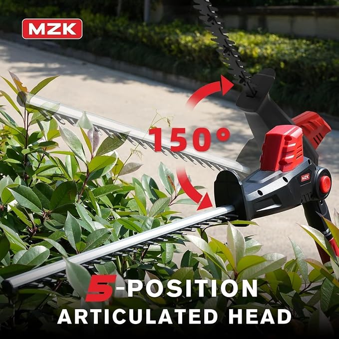 MZK 20V MAX 23-inch Cordless Pole Hedge Trimmer Attachment, 8-Feet Reach, Electric Hedge Trimmer with Extension Pole, Multi-Angle, for Garden Lawn Trimming(Two Batteries and Charger Included)
