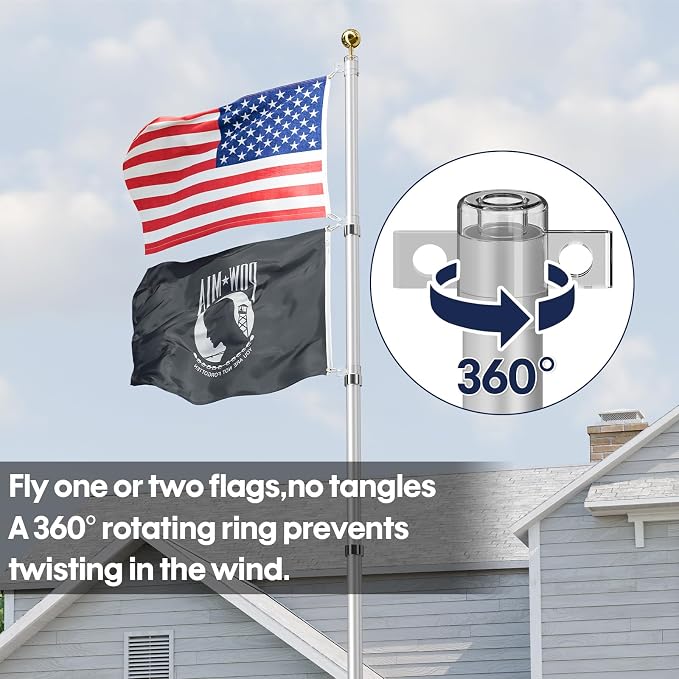25FT Telescoping Flag Pole for Outside House, Extra Thick Telescopic Flagpole with USA Flag, Inground Outdoor Use, Camper RV, Residential & Commercial, Complete Hardware & Top Ball (Silver)