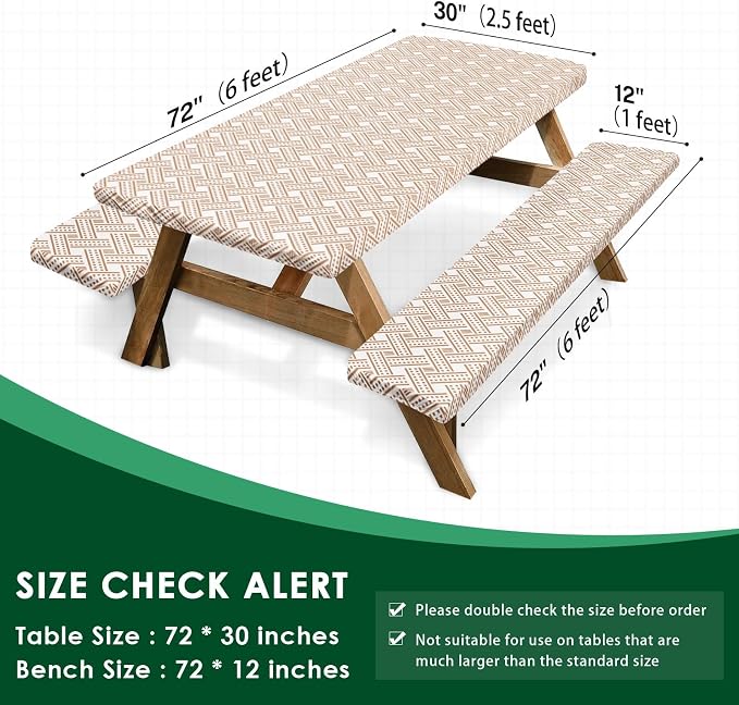 Picnic Table Cover with Bench Covers Elastic Edges, Boho Camper Fitted Table Cover, Outdoor Patio Camping Essentials 72 Inch 3PCS, Waterproof Camping Fitted Tablecloth with Drawstring Bag