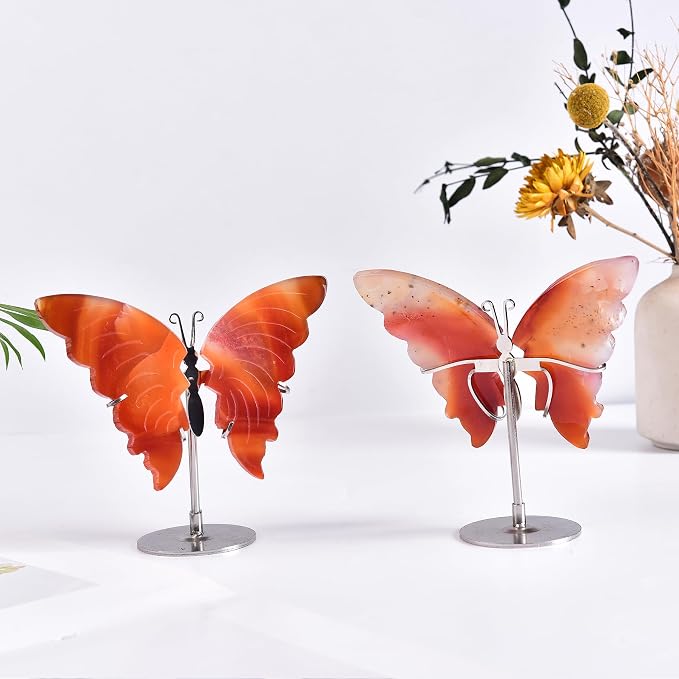 JIC Gem Natural Red Agate Crystal Butterfly Red Healing Gemstone Art Wings Carving Craft with Display Stand Decoration Reiki Chakra Balance (1pair, 10cm)