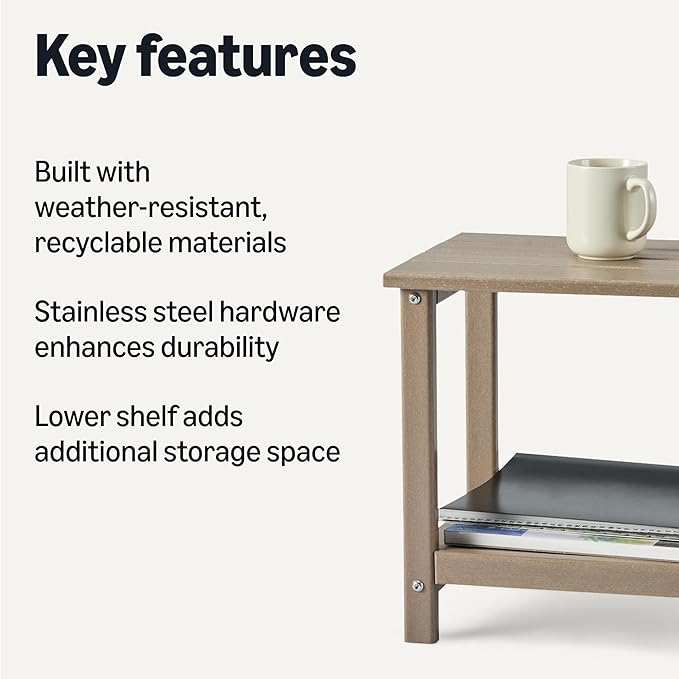 Amazon Basics Outdoor Patio Side Table with Lower Shelf, Weather-Resistant Stainless Steel Hardware, 16.5 x 12.6 x 16.5 Inches, Brown, 1-Pack