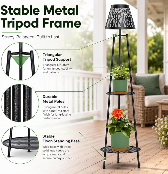2 Pack Outdoor Solar Floor Lamp with Plant Stand, Waterproof Metal Garden Lights with 2-Tier Shelves, Decorative LED Cordless Patio Lamp for Porch, Deck, Balcony, Yard & Corner Decor (Bronze)