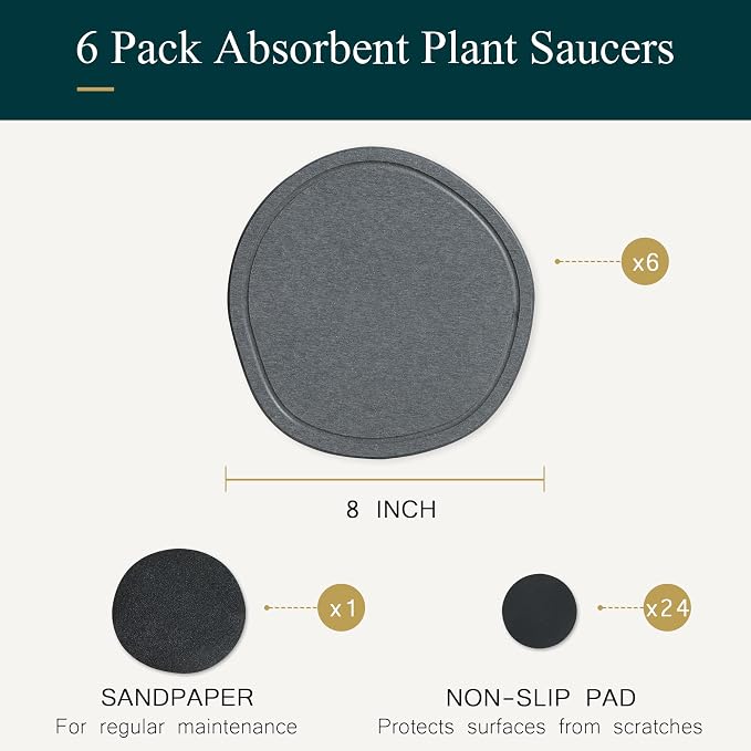 8 Inch 6 Pcak Diatomite Plant Saucers for Indoors Outdoors, Flower Plant Pot Saucers Drainage Trays to Catch Water, Diatomaceous Earth Planter Plates Water Catcher Drip Trays, Stone Dark Grey