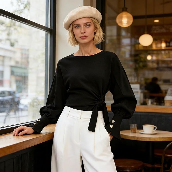 Dsewpaur Twist Knot Tie Front Sweatshirt Tops For Women Long Balloon Sleeve Crew Neck Pullover Casual Fall Outfits
