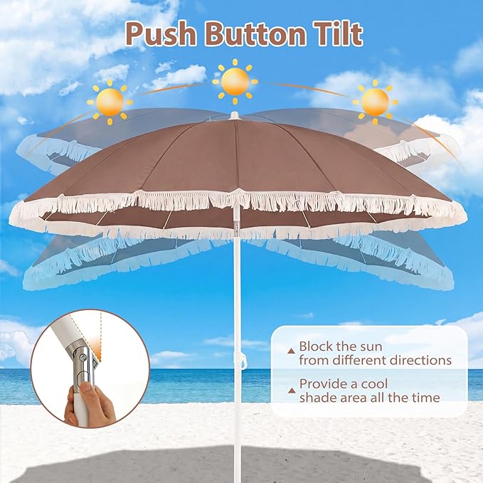 Tangkula 7FT Beach Umbrella with Fringe, Outdoor Boho Umbrella with Tassels, Push Button Tilt, Sand Anchor, 16 Ribs, Vintage Patio Umbrella with Carry Bag for Sand Deck Pool Garden Backyard (Tan)