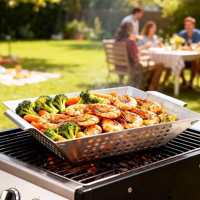 Vegetable Grill Basket for Outdoor Grill - Extra Large, Heavy-Duty Stainless Steel Veggie Grilling Basket with Handles (3Pack)