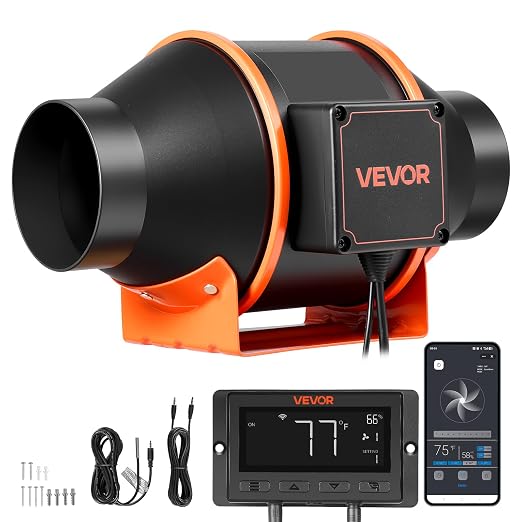 VEVOR Inline Duct Fan, 205 CFM 4 inch EC Motor Exhaust Ventilation Fan with 10-Speed, PWM Controller, App Control, Temperature Humidity Sensor, Cooling for Grow Tent, Indoor Gardening, Hydroponics