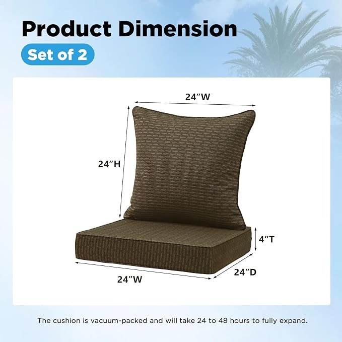 Sunbrella Outdoor Deep Seat & Back Cushion Set (2-Pack), 24 x 24 Inch Water Repellent and Fade Resistant Patio Furniture with Removable Cover for Outside Sofa Couch, Dash Walnut