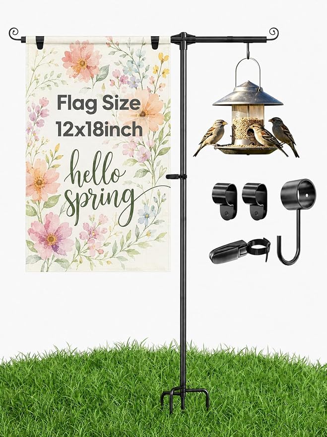 Garden Flag Stand Holder with Shepherd Hooks, 3/4 Inch Extra Thick Heavy Duty Yard Flag Holder for Small Flag 12x18, 52 Inch Garden Flag Pole for Outside (Solar Lights & Flag Not Included)