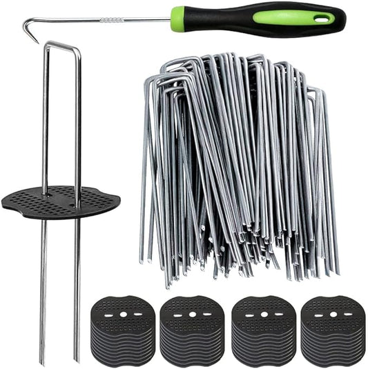 Bakulyor 150Pcs Landscape Staples + 150Pcs Gasket, 6 Inch Garden Stakes Staples 11 Gauge U Shaped Galvanized Lawn Landscape Pins, Heavy Duty Yard Ground Pin for Weed Barrier Sod Fabric Decorations