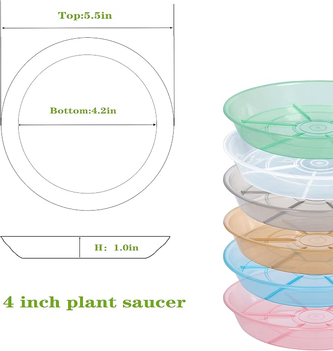 Plant Saucer 4 inch 6 Pack Drip Tray, 4 5 6 8 9 10 12 14 16 18 inch, Heavy Sturdy Plastic Planter Flower Pot Saucers for Indoor Outdoor Garden, Plant Water Drip Trays for pots Base (4", Clear)
