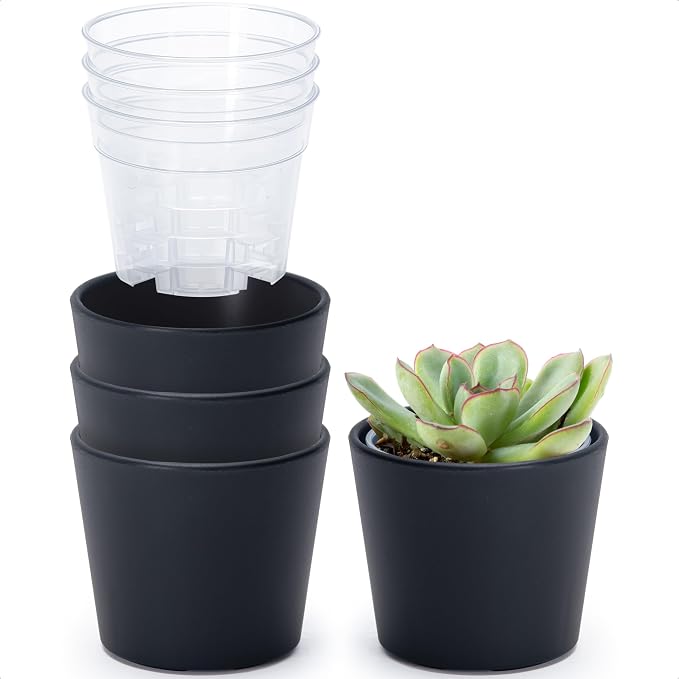 Phoenix Vine 3.5 Inch Black Plastic Cachepot with Clear Nursery Pot, Decorative Lightweight Planter Cover with Transparent Inner Pot for Indoor Houseplants, Pack of 4, 24-A-E-4