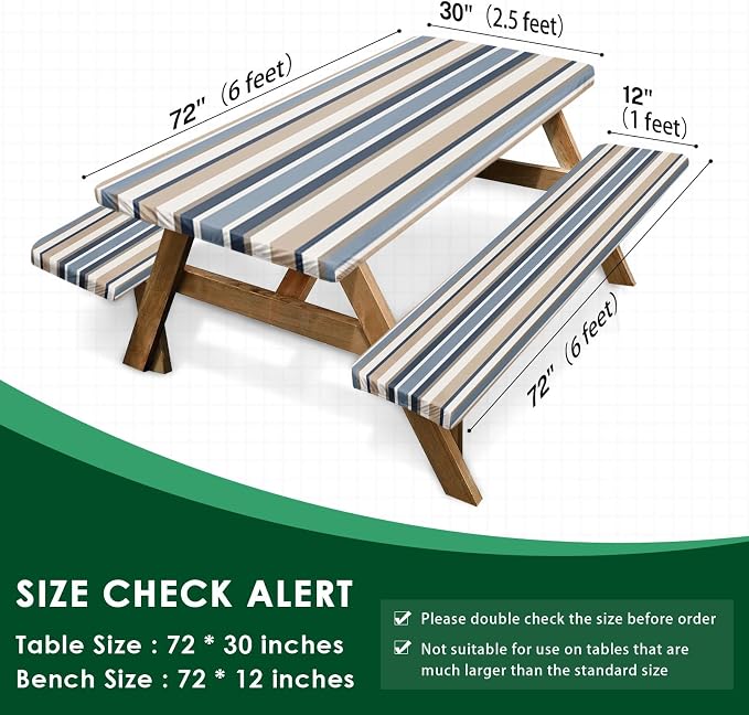 Picnic Table Cover with Bench Covers Elastic Edges, Blue Tripes Camper Fitted Table Cover, Outdoor Patio Camping Essentials 72 Inch 4PCS, Waterproof Camping Fitted Tablecloth with Drawstring Bag