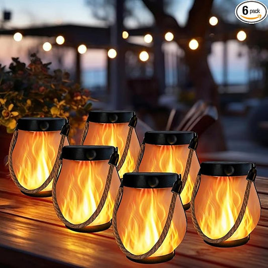 6 Pack Gen2 Solar Lanterns Outdoor Waterproof Hanging Solar Flame Lights | 2 Lighting Modes, USB & Solar Powered, Hanging Hemp Rope, IP65 Waterproof, Camp Lamp for Garden Patio Tabletop Yard Decor